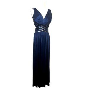 BCBG Navy Blue Small Sleeveless Sequined Formal Gown Dress With V-Neckline